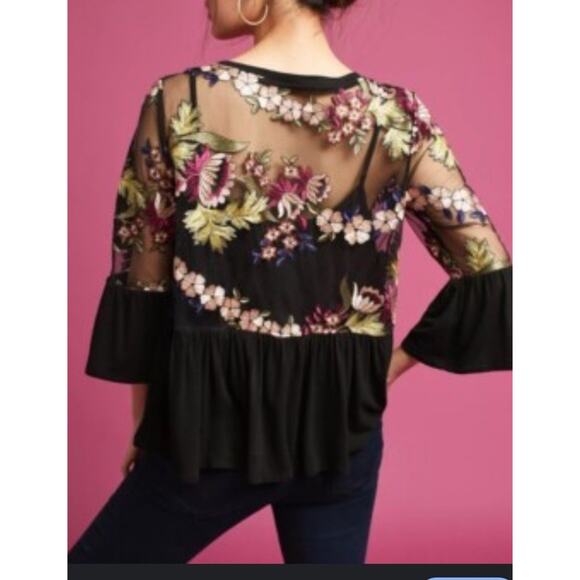 Eri + Ali for Anthropologie Top Black mesh Size S floral embroidery multicolor - Picture 2 of 8